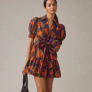 Anthropologie FARM Rio puff sleeve bow front colorful Heart Print Mini Dress M